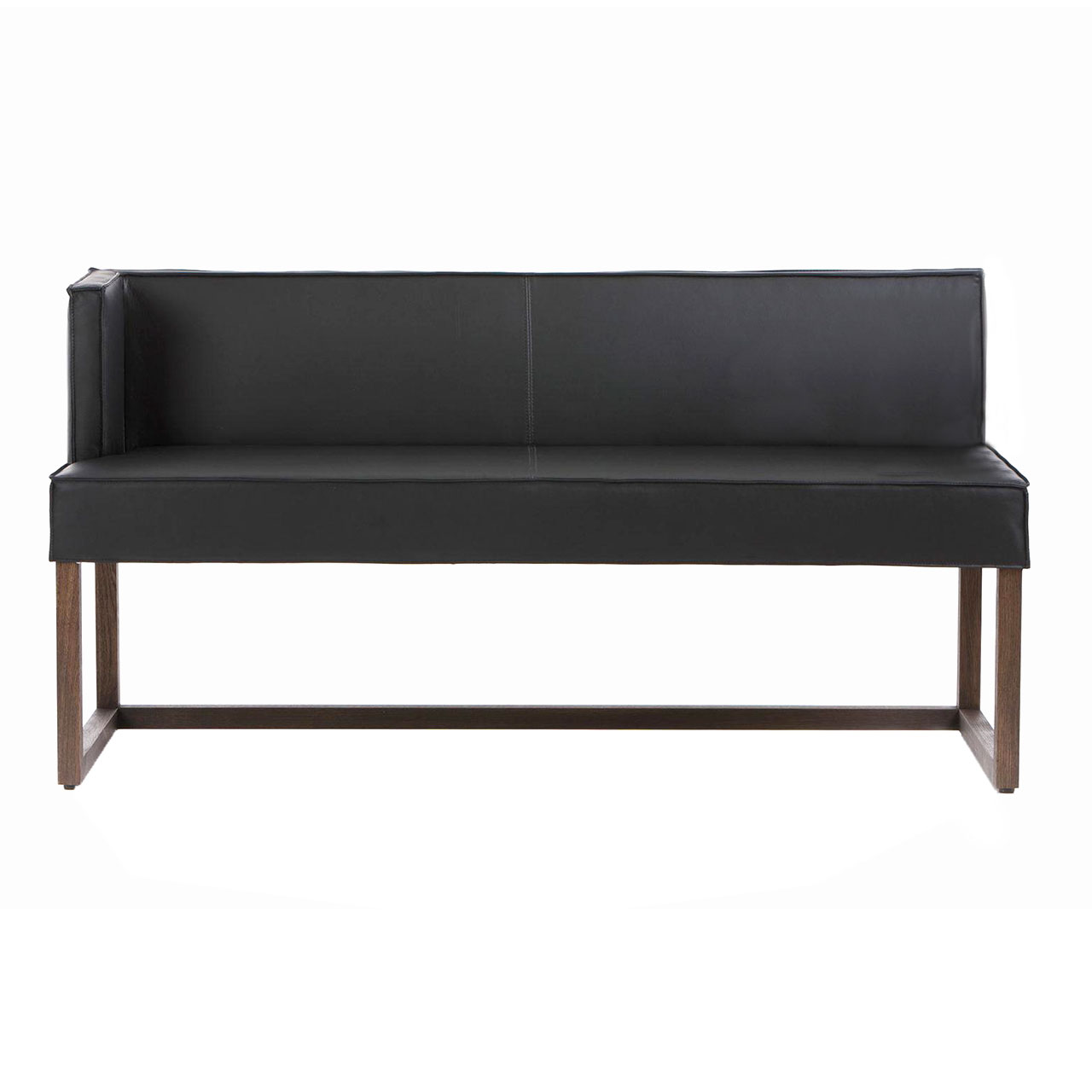 Schwarze Leder-Polsterbank mit niedriger, kurzen Seite links und niedriger Rückenlehne.