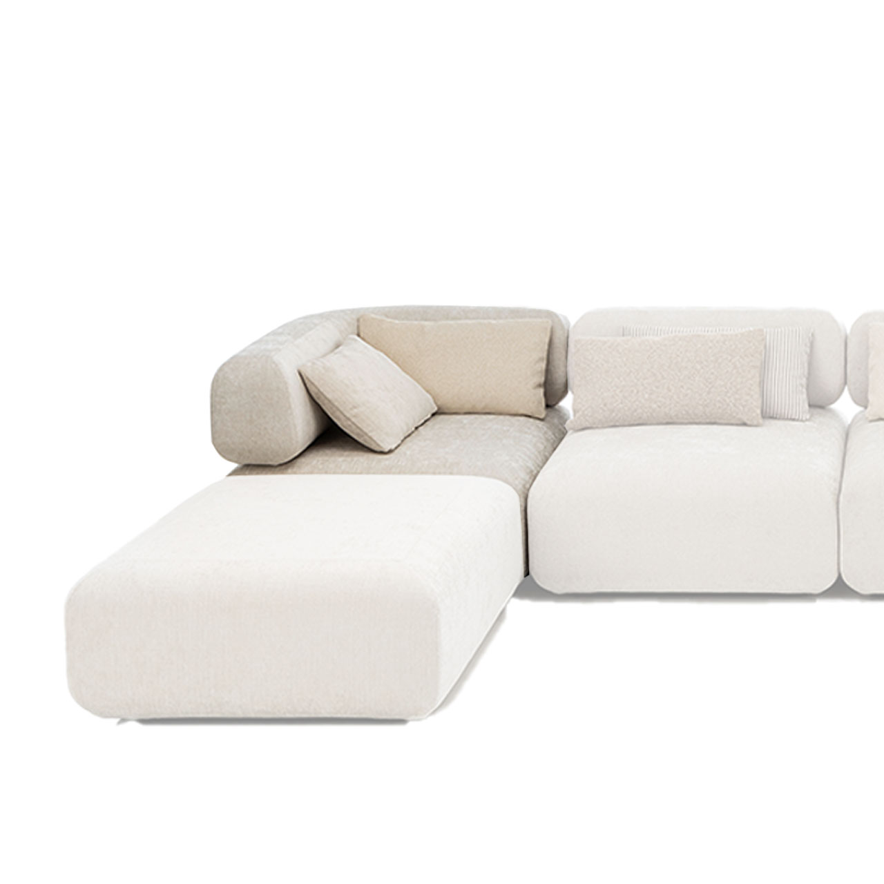U-förmige beige Sitzgarnitur der Serie all together. Das Eckelement hinten links wurde farblich hervorgehoben.