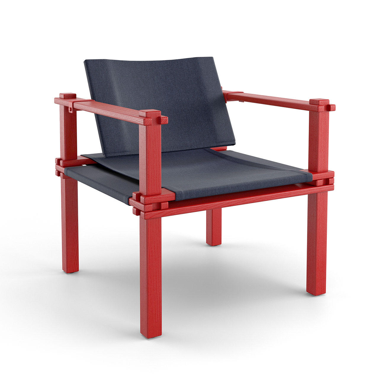 Stuhl mit rotem Holzgestell und blauem Stoff-Sitz