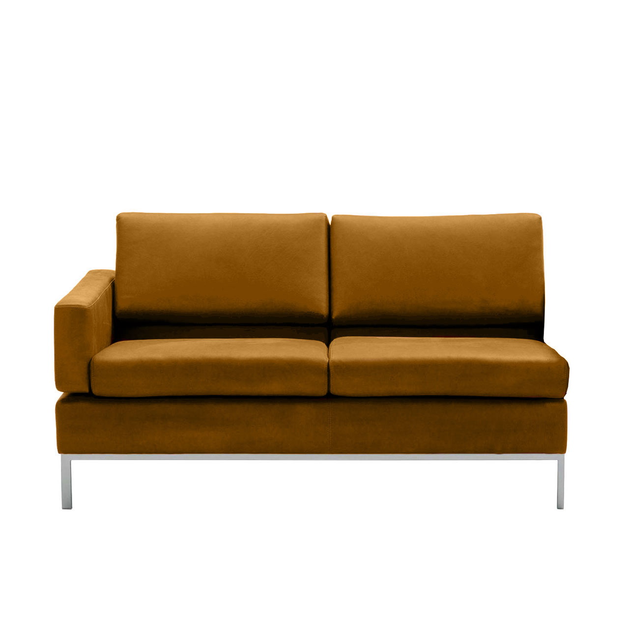 Braunes Anstellsofa  Untergestell in chrom glänzend mit Armlehne links.