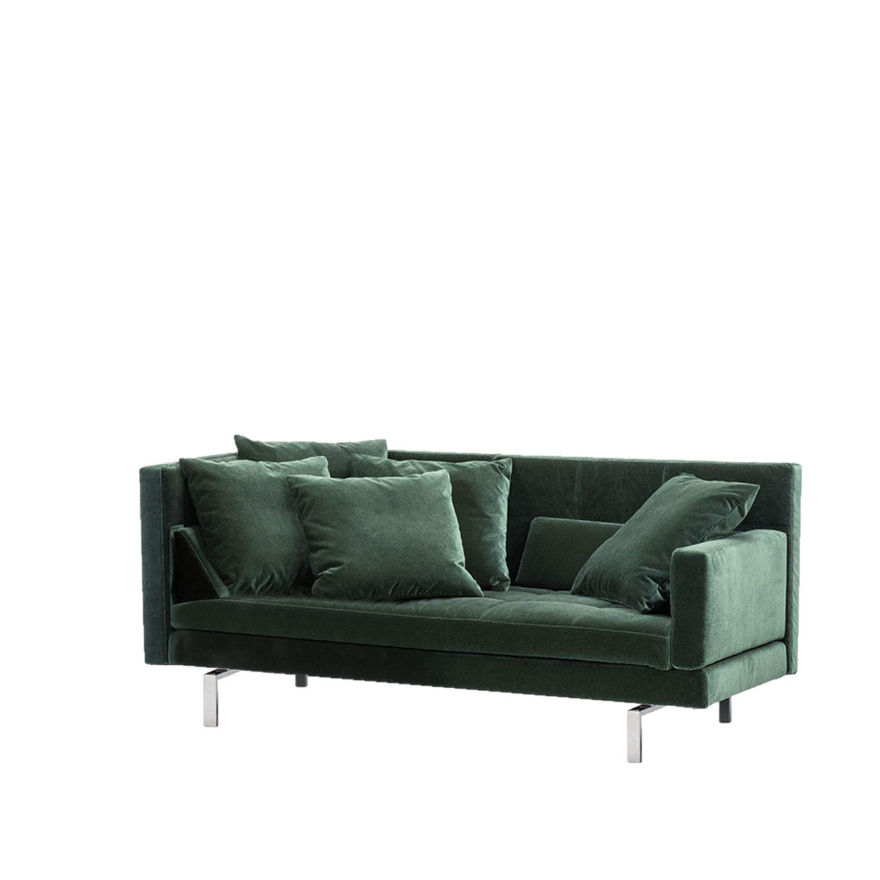 Grünes Eckanbausofa mit schmaler Armlehne auf der rechten Seite.