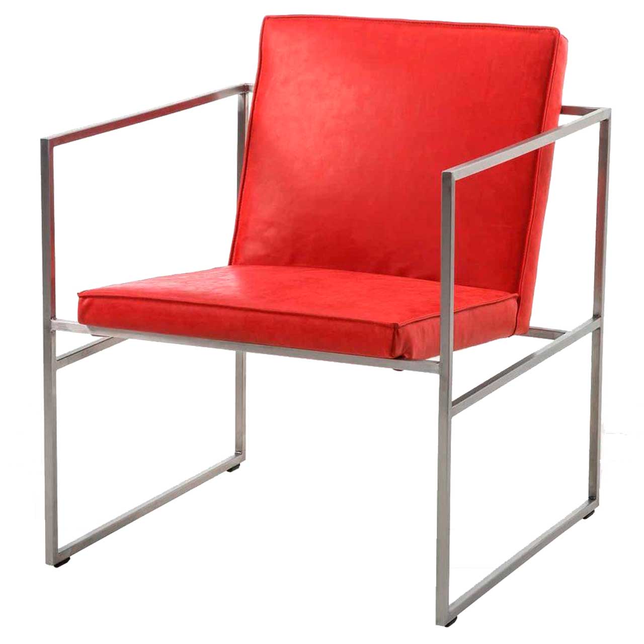 Filigraner Sessel mit rotem Leder bezogen. Das Untergestell ist aus Metall.