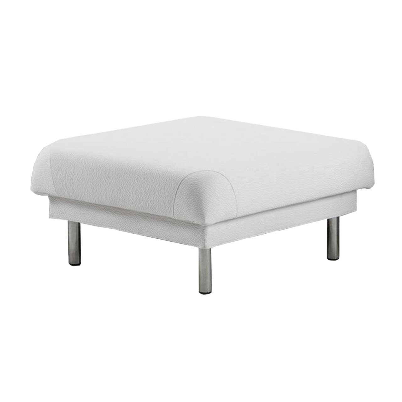 Quadratischer Hocker von brühl tam mit Füßen in chrom glänzend, mit weißem Stoff bezogen.