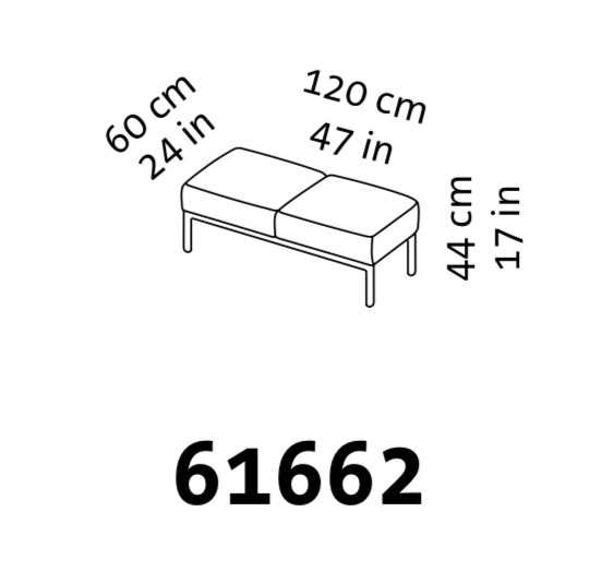 Maßzeichnung einer Sitzbank der Serie add1 ohne Rückenlehne mit zwei Sitzplätzen.