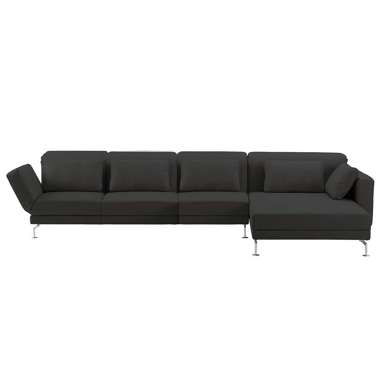 Eckgarnitur in schwarzem Stoff mit Longchair rechts, dekoriert mit vier Kissen.