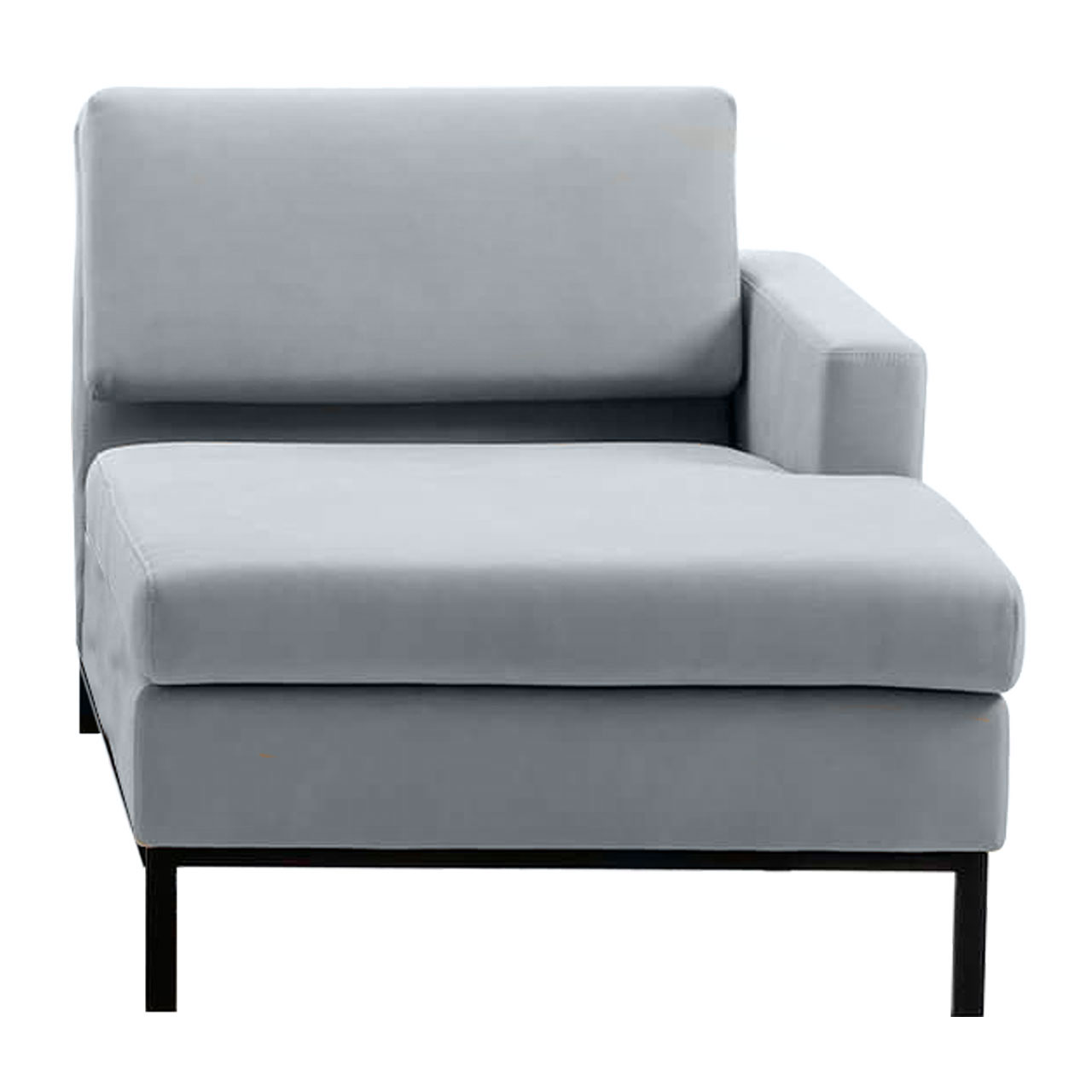 Longchair in grauem Leder mit Armlehne rechts.