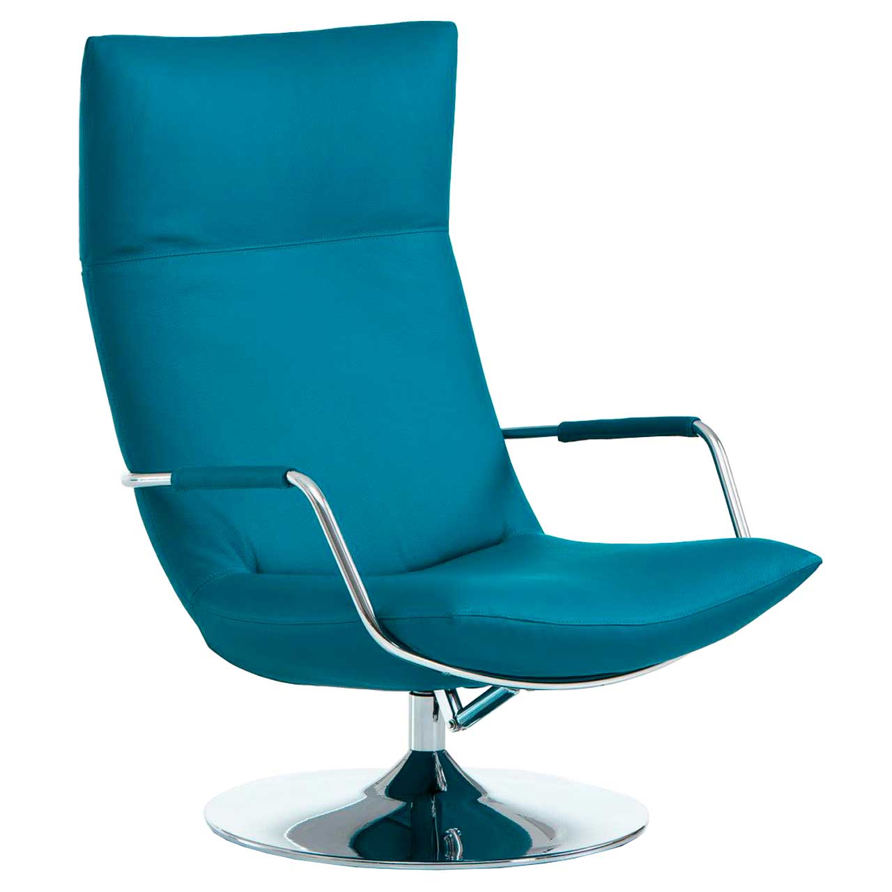 Drehsessel mit Armlehnen aus chrom glänzenden Metall. Der Sessel ist mit einem türkisfarbenen Leder bezogen. Der Sessel steht auf einem ebenfalls chrom glänzenden Drehteller.