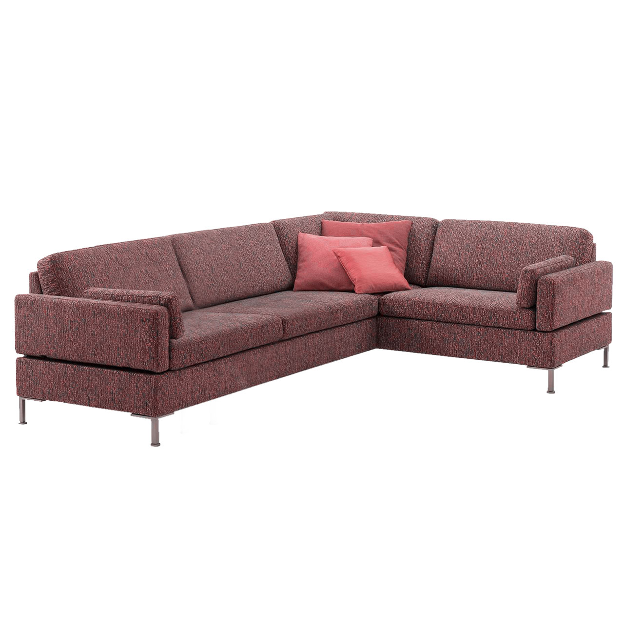 Rote Eckgarnitur mit Anstellsofa links und Eckanbausofa rechts.