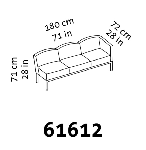 Maßzeichnung eines dreisitzigen Sofas mit einer Armlehne rechts.