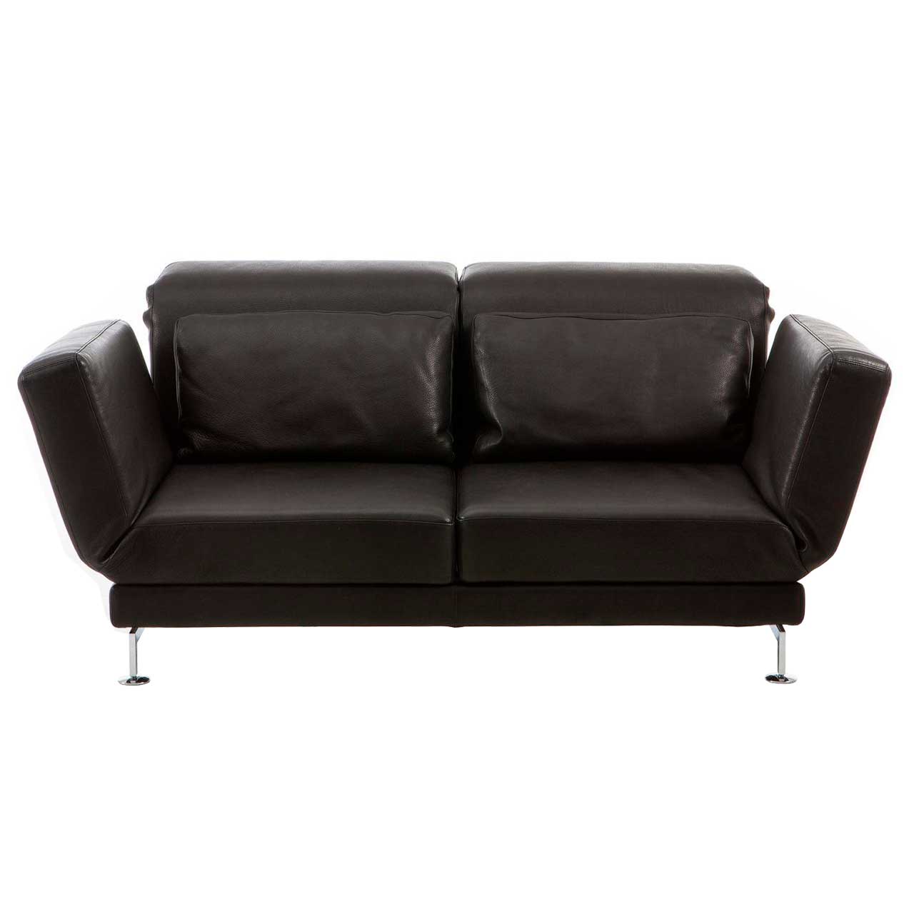 Schwarzes Ledersofa. Die Kufen sind Metall chrom glänzend.