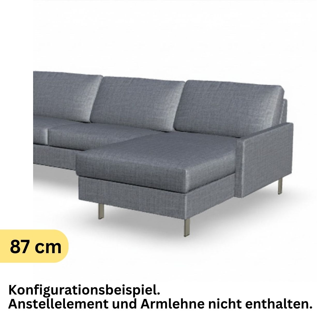 Liegenelement in grauem Stoff und Schmalfuß Edelstahl. Angeschnitten ist ein Anstellelement zu sehen.