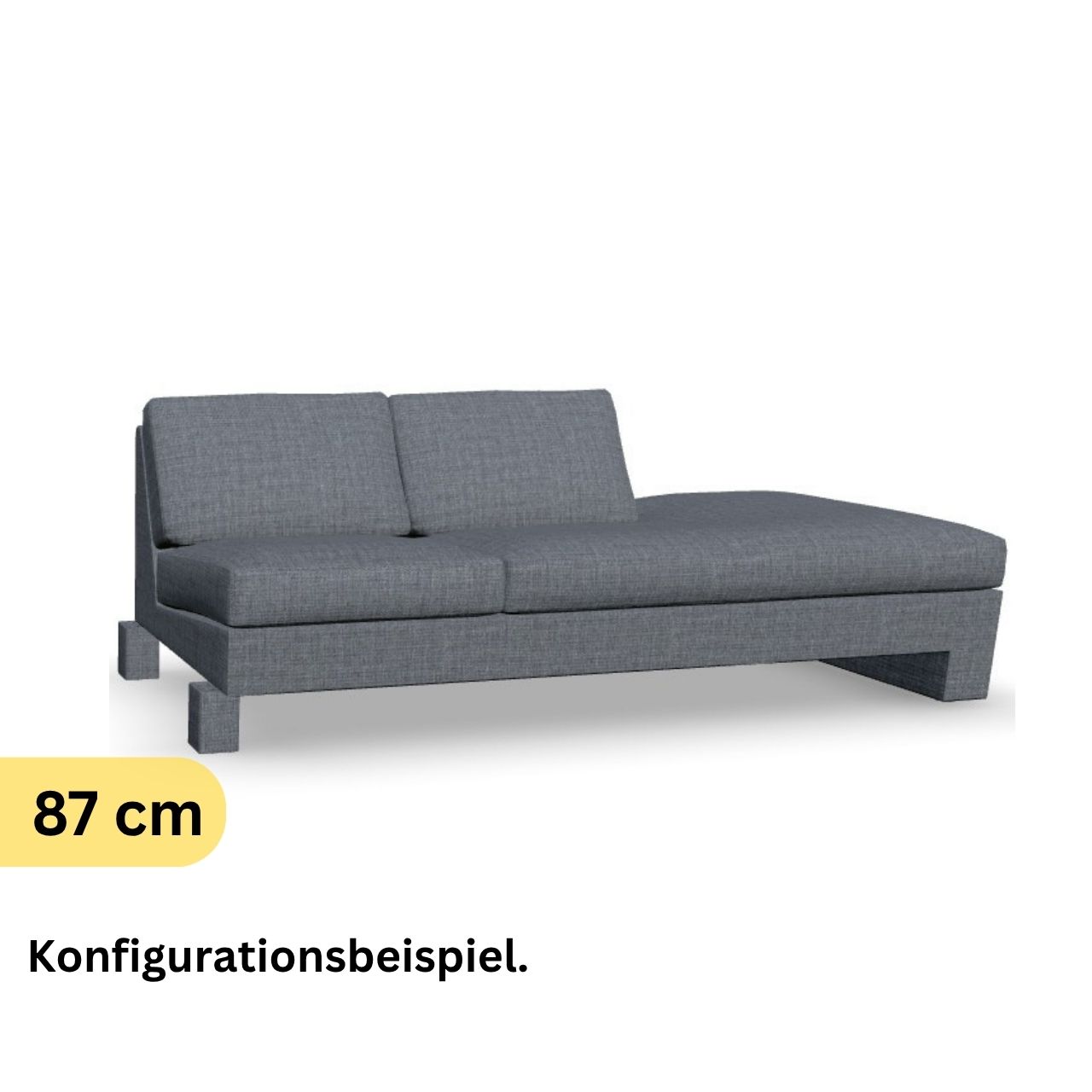 Korpus mit Überstand rechts und zwei Rückenkissen links in grauem Stoff.