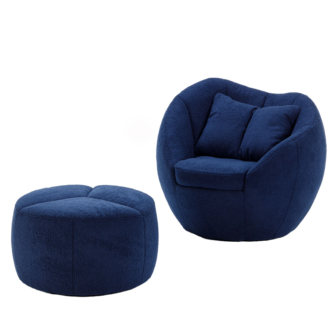 Ein kugelförmiger blauer Sessel mit passendem Hocker. Der Hocker ist oben durch eine Naht gleichmäßig dreigeteilt.