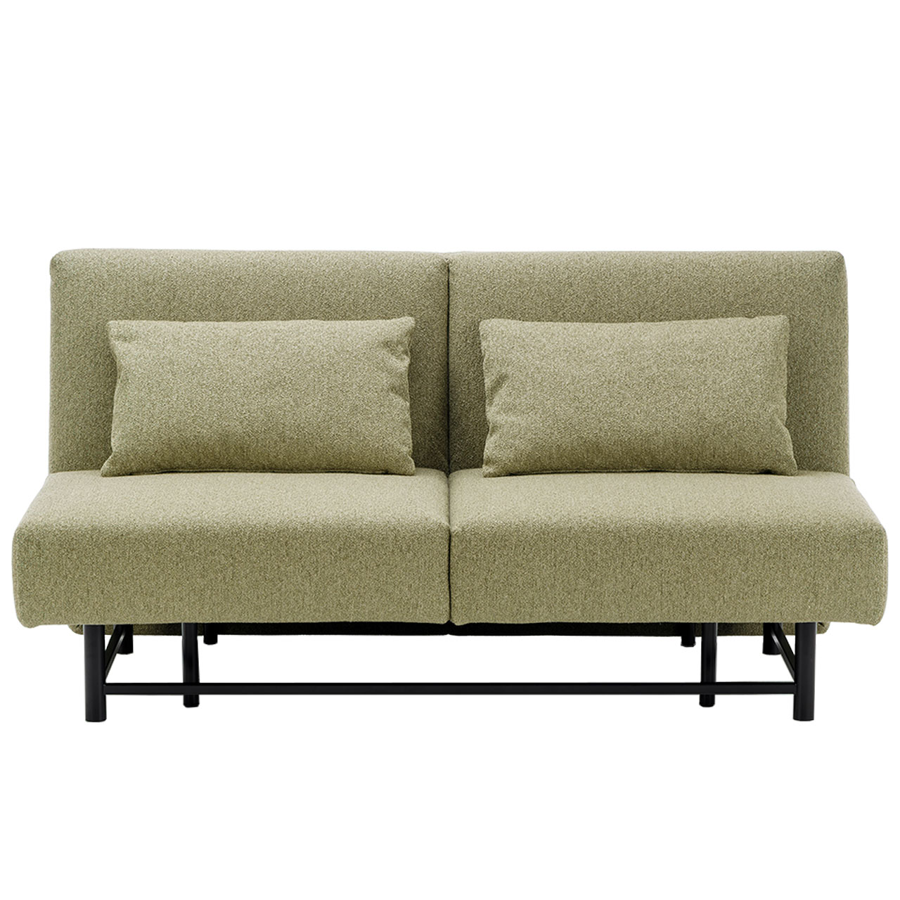 Schlafsofa von brühl first class in hellem moosgrün mit schwarzem Untergestell.