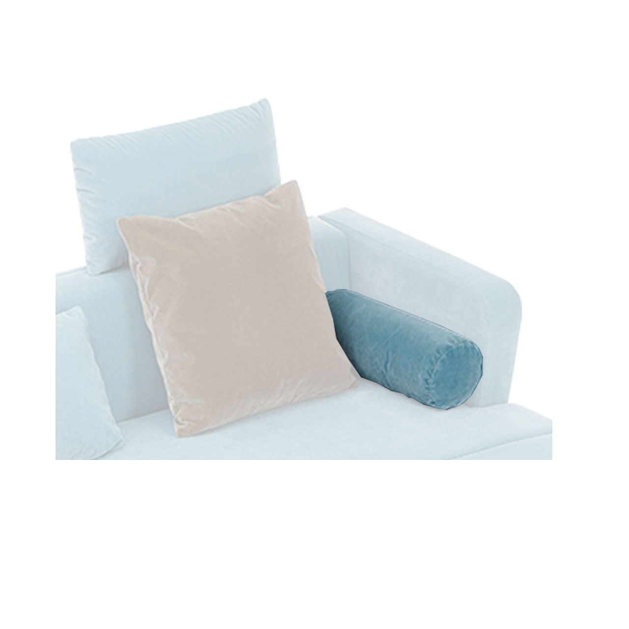 Detailaufnahe eines Sitzplatzes auf einem Sofa. Auf dem Platz liegt ein quadratisches Kissen und rechts davon eine Kissenrolle. Diese ist farblich hervorgehoben .