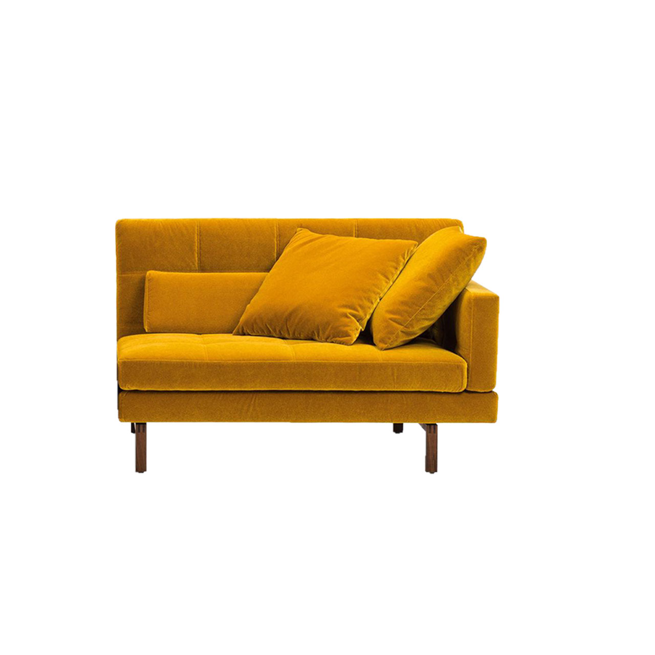 Gelbes Anstellsofa mit schmaler Armlehne auf der rechten Seite.