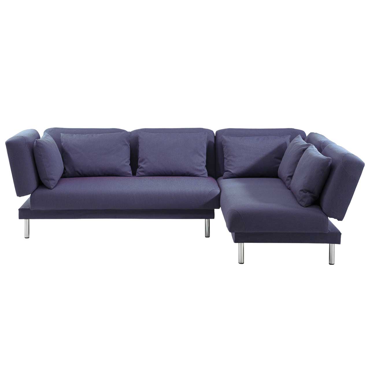 Eckgarnitur aus zwei Openends in blauem Stoff.