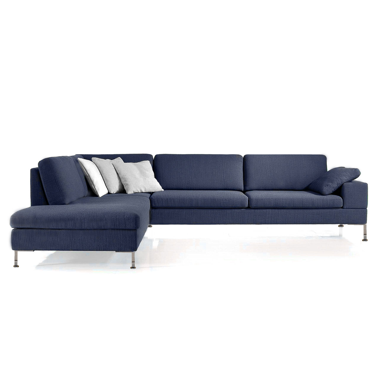 Eckgarnitur in blauem Stoff mit Openend links und Eckanbausofa rechts.