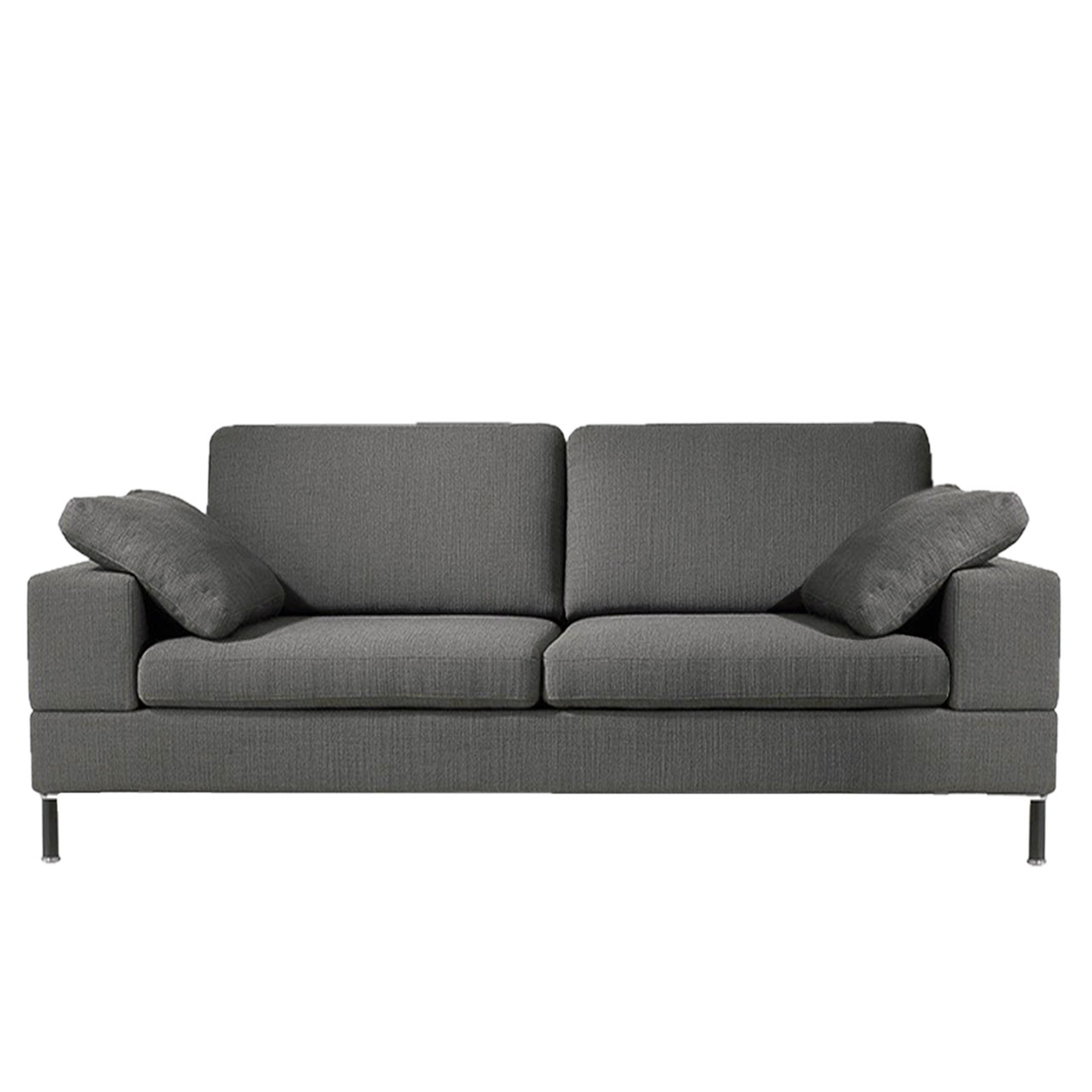 Graues Ledersofa mit zwei Sitzplätzen.