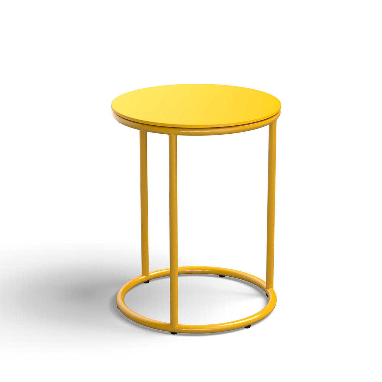 Gelber Beistelltisch mit runder Tischplatte auf rundem Metallgestell