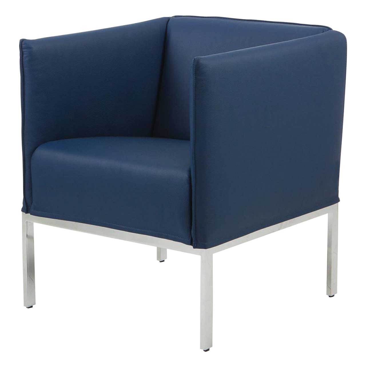 Sessel in blauem Leder, Untergestell chrom glänzend.