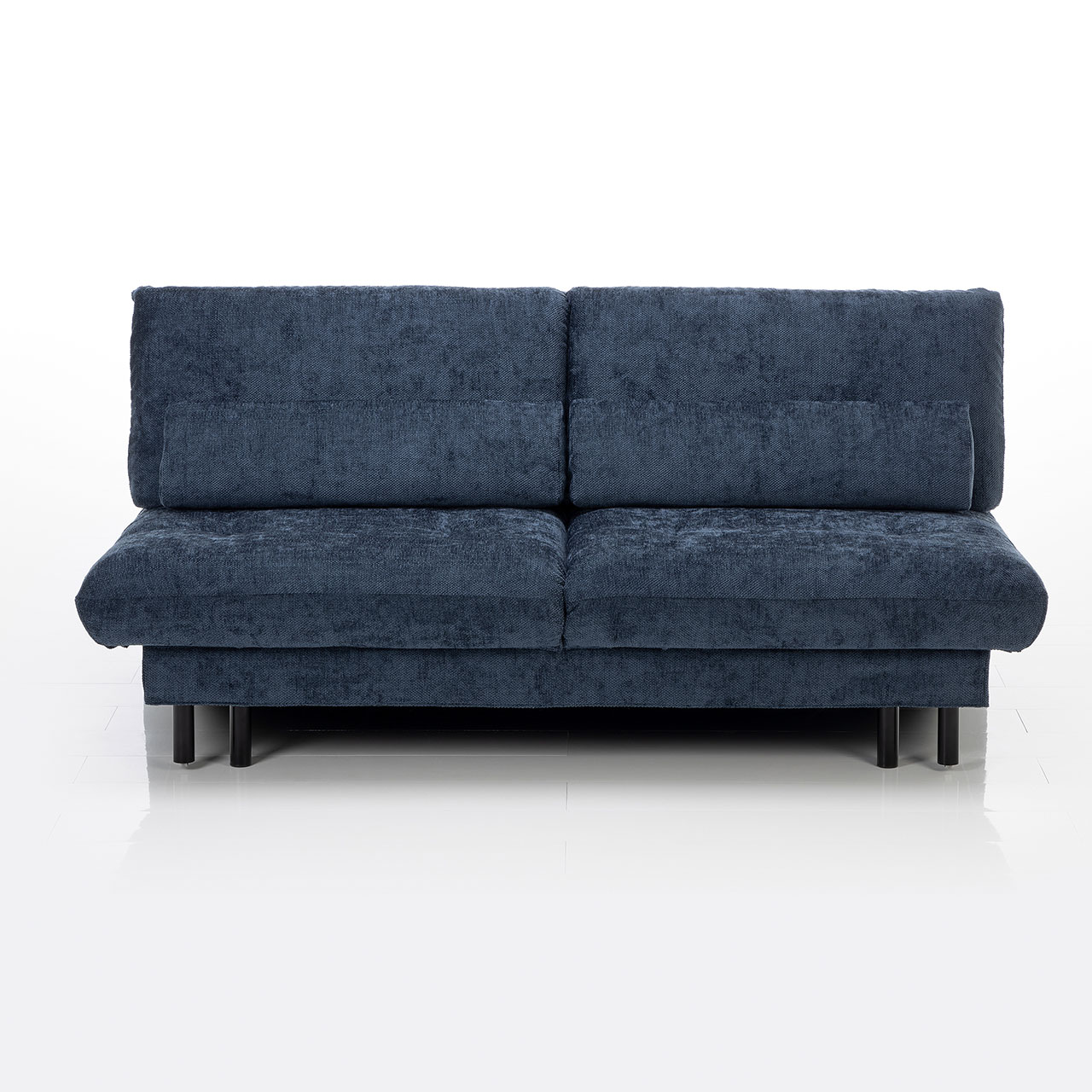 Dunkelblaues Bettsofa ohne Armlehnen.