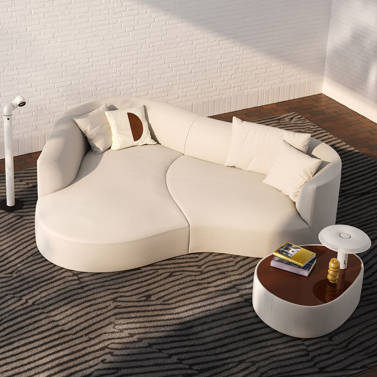 Gleiches Sofa von oben fotografiert mit Beistelltisch und Kissen in einem Wohnzimmer.