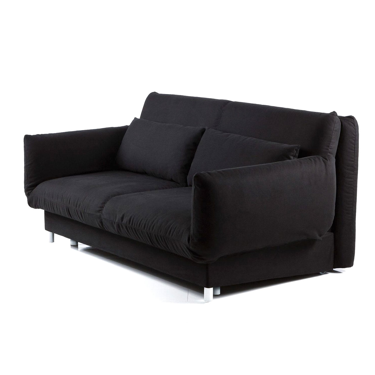 Seitenansicht auf ein schwarzes Bettsofa. Die Füße sind chrom glänzend.
