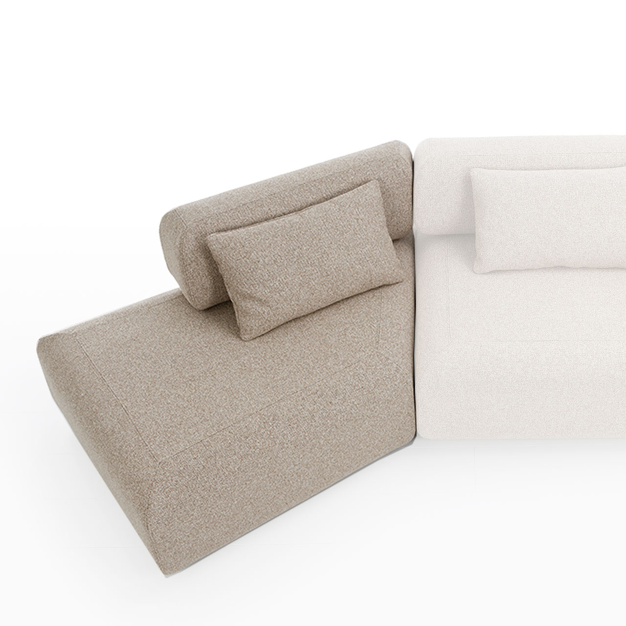 Der Bildausschnitt zeigt ein asymmetrisches, trapezförmiges Polsterelement. Die Rückenlehne ist verkürzt und vom Betrachter aus rechts angebracht. An der Rückenlehne lehnt ein Kissen.