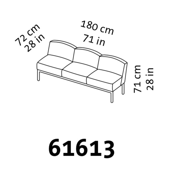 Maßzeichnung eines zdreisitzigen Sofas ohne Armlehnen.