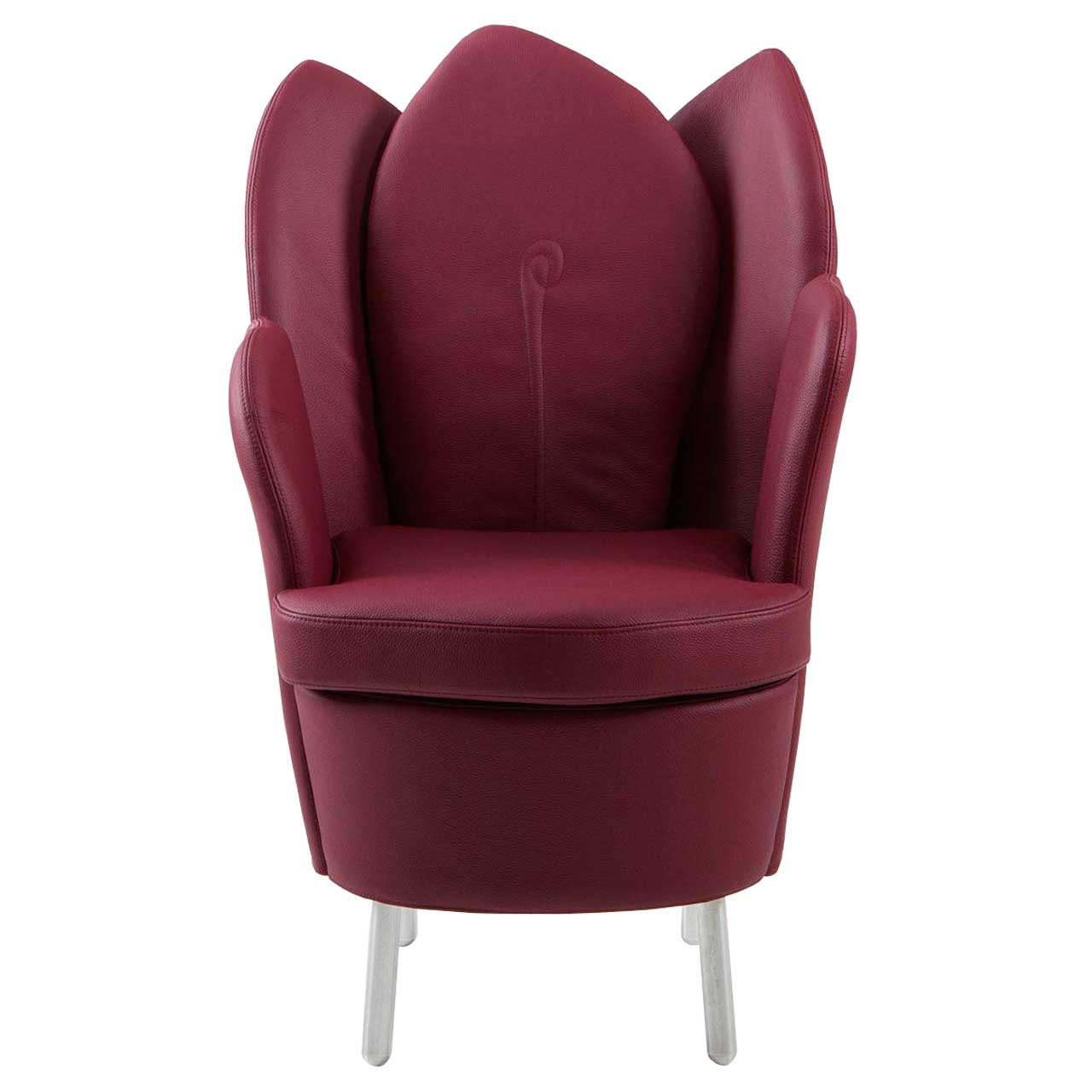 Dunkelroter Sessel mit floraler Rückenlehne und Beinen in Aluminium.