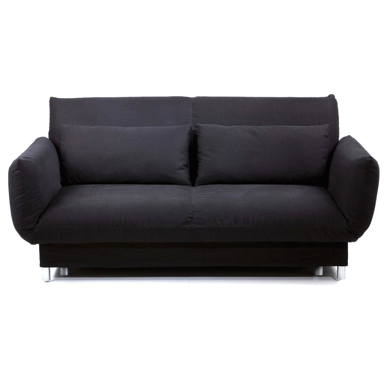 Ein schwarzes Bettsofa. Die Füße sind chrom glänzend. Auf dem Sofa liegen zwei rechteckige Kissen im gleichen Stoff.