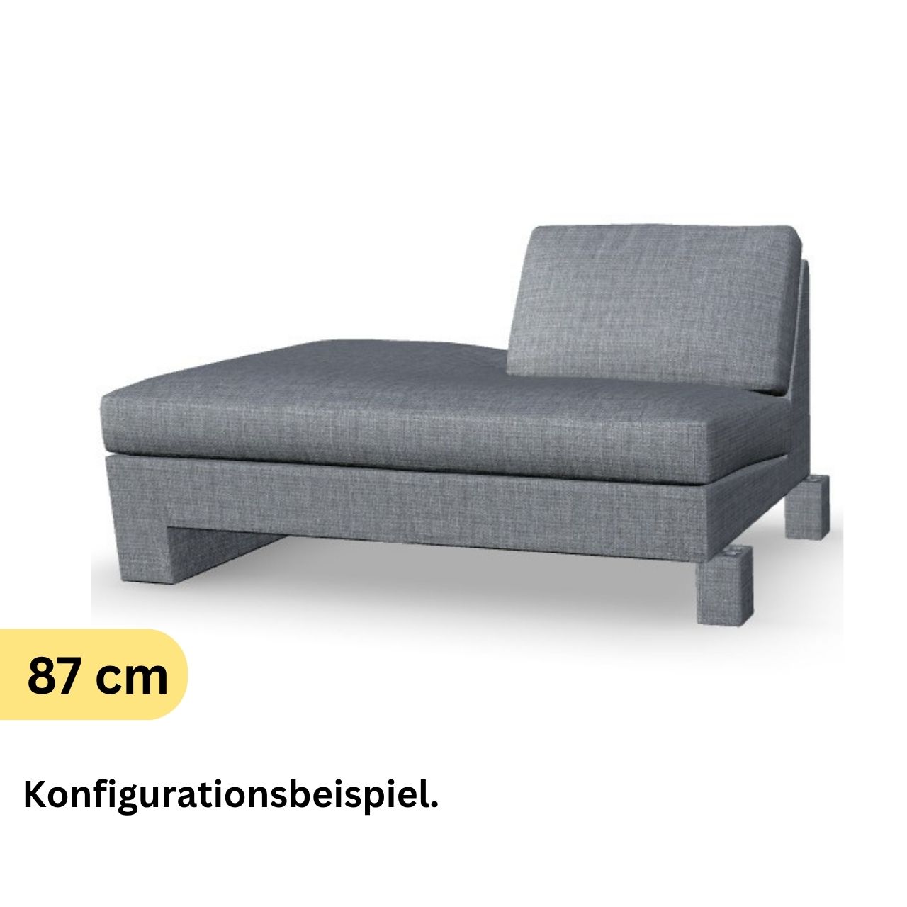 Korpus mit Überstand links und einem Rückenkissen rechts in grauem Stoff.