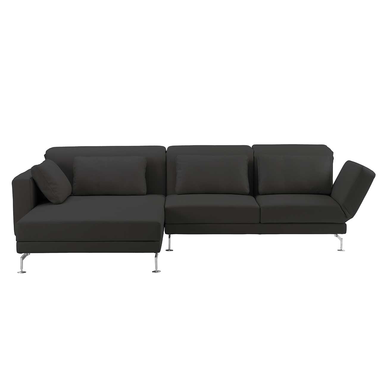 Eckgarnitur mit breitem Longchair links in schwarzem Stoff.