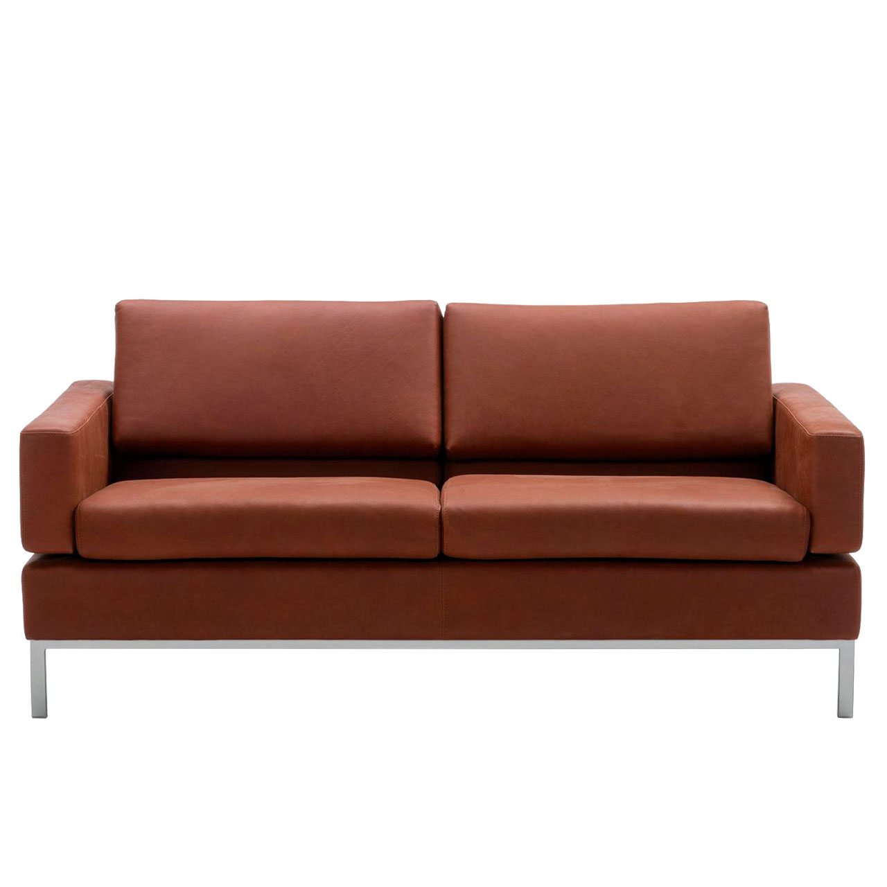 Rotbraunes Ledersofa mit Untergestell in chrom glänzend.