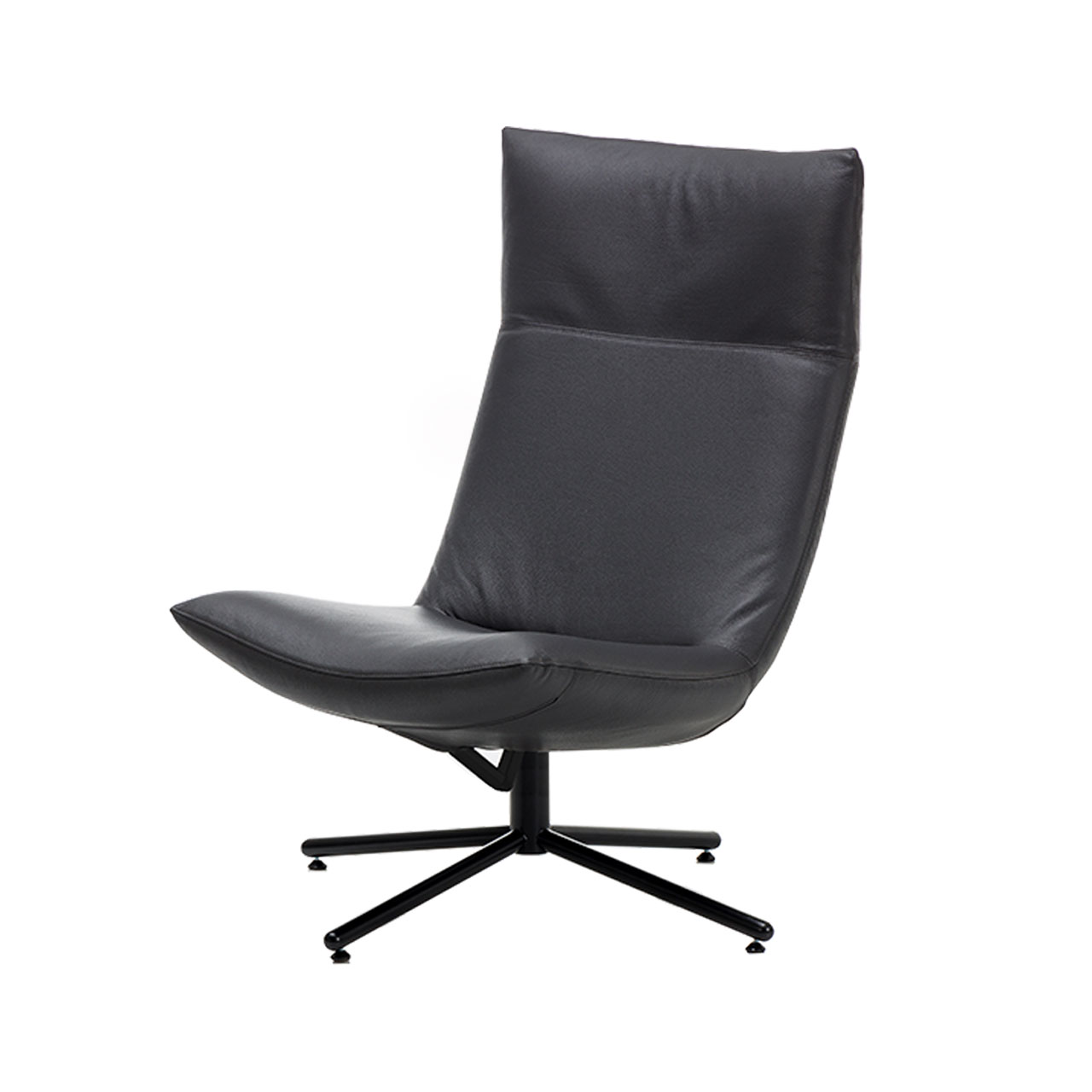 Ein schwarzer Lederdrehsessel mit schwarzem Kreuzfuß. Der Sessel hat keine Armlehnen.