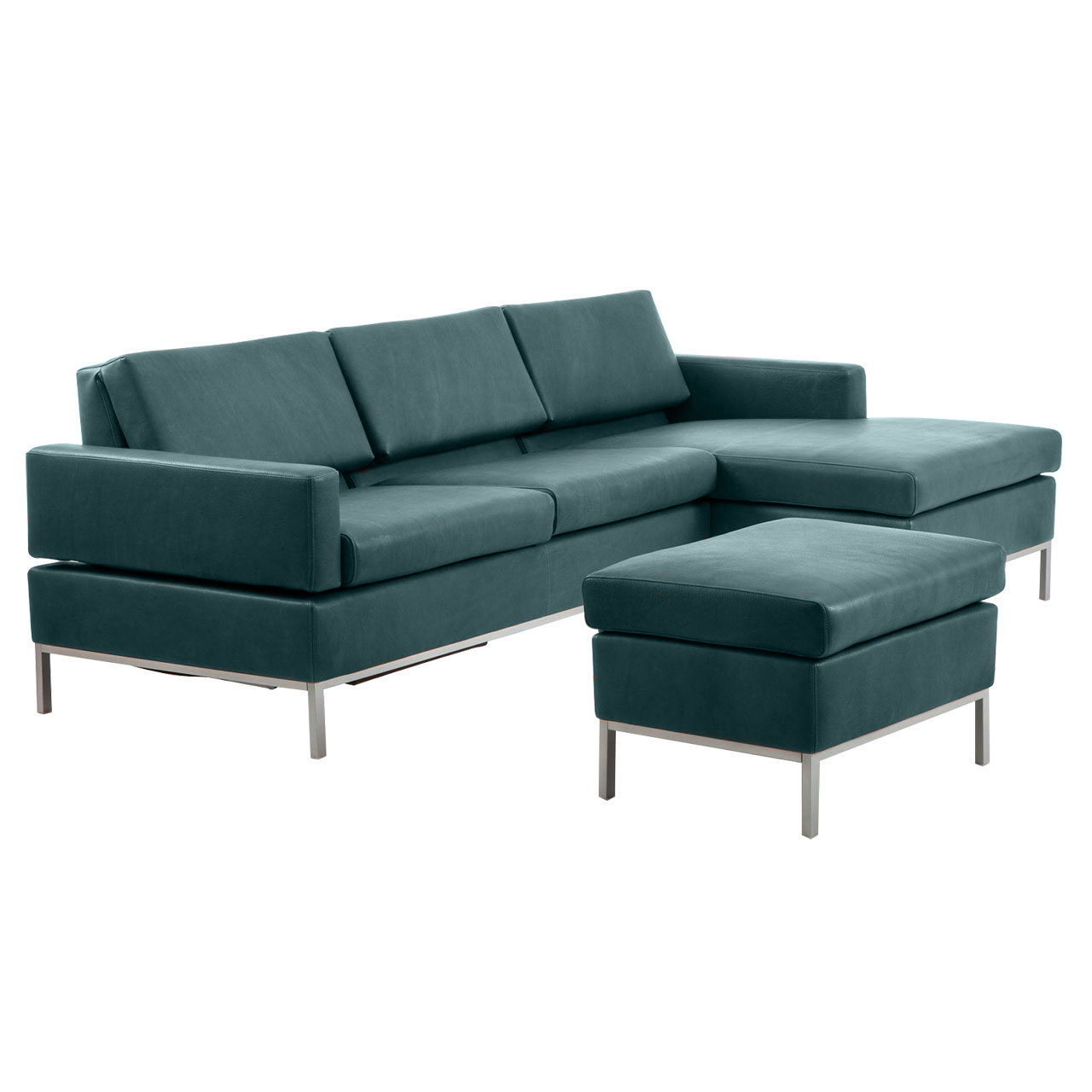 Grüne Eckgarnitur mit Longchair rechts.