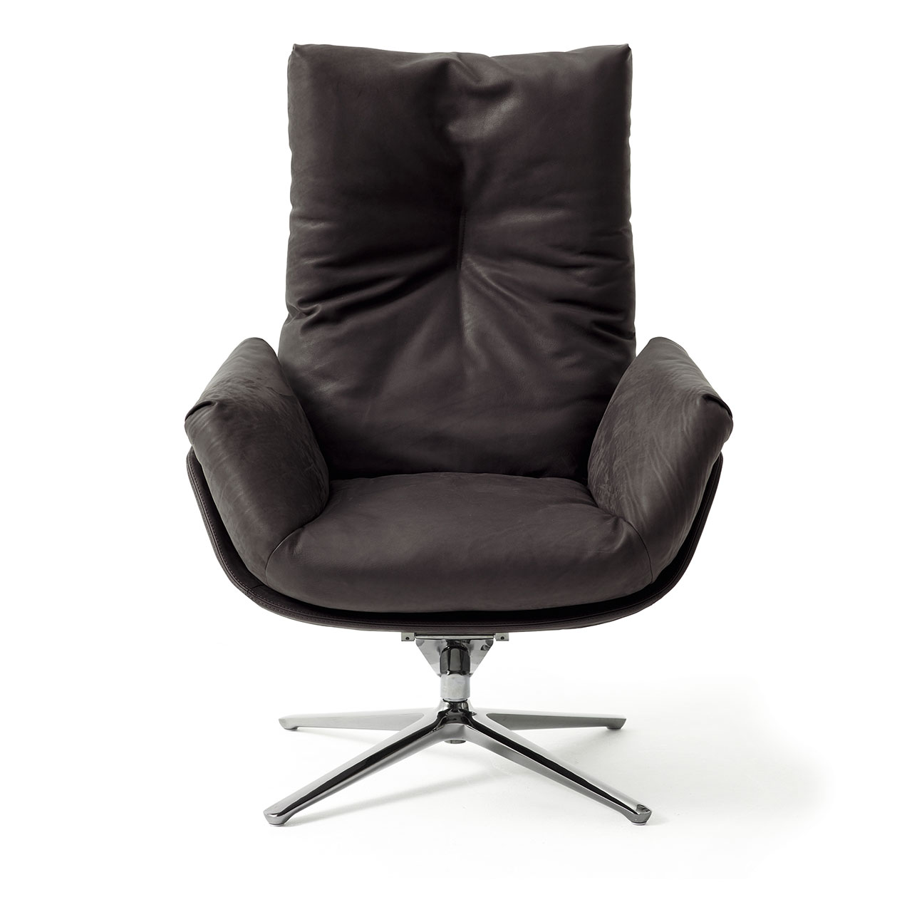 Loungesessel mit schwarzem Lederbezug auf Schale und Aluminiumgestell (4 Fuß Kreuz)