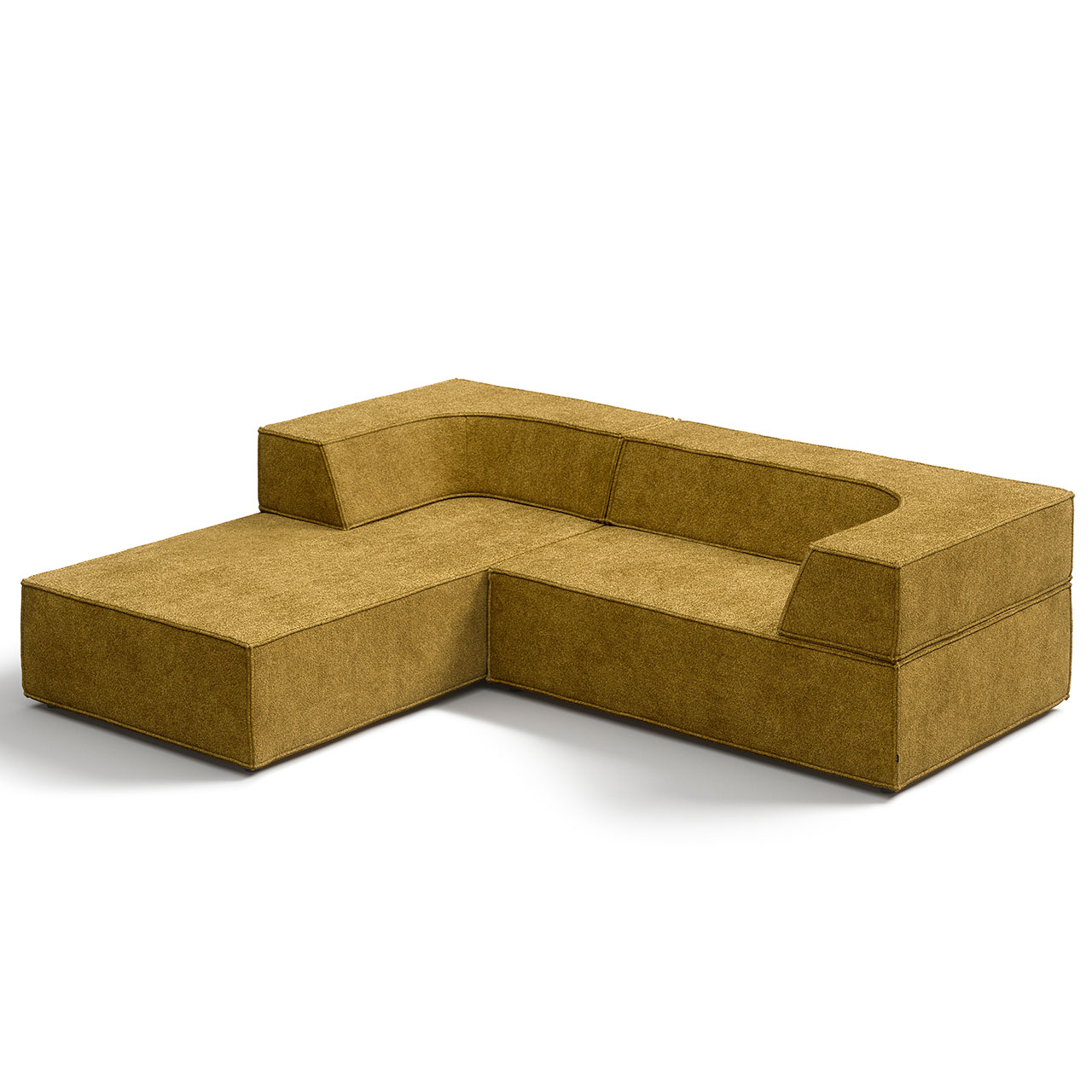 Polsterecke aus gelbem Stoff: Das längere Element mit kurzer Rückenlehne links als Ottomane, rechts kürzeres Element mit längerer Rückenlehne als Sitzfläche.