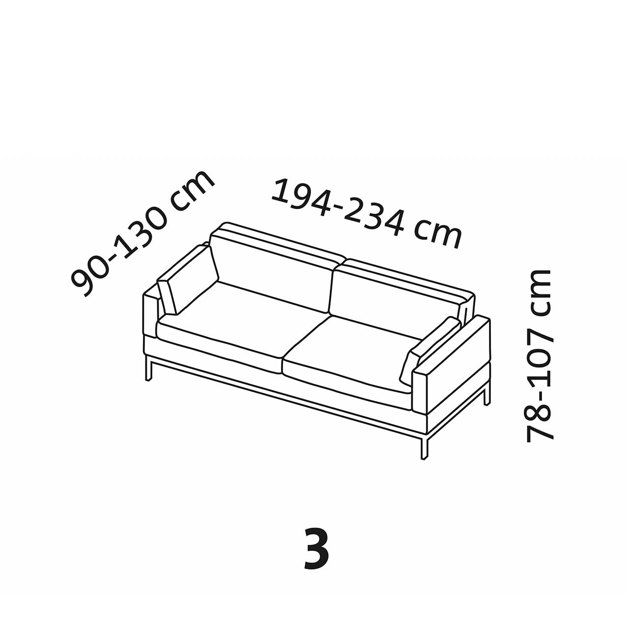 Maßzeichnung brühl tomo compact Sofa 3-Sitzer