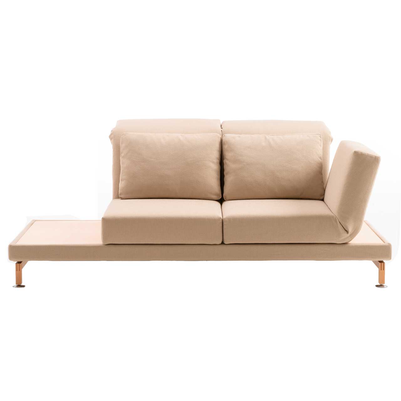 Anstellsessel mit 2 Sitzen in cremefarbenem Leder mit Armlehne rechts. Neben der Armlehne ist eine Ablagefläche in hellem Holz, auf der rechten Seite ist eine größere Ablagefläche integriert.