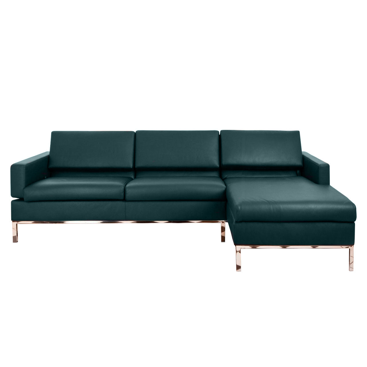 Grüne Eckgarnitur mit Longchair rechts. Die Rückenlehnen sind abgesenkt.