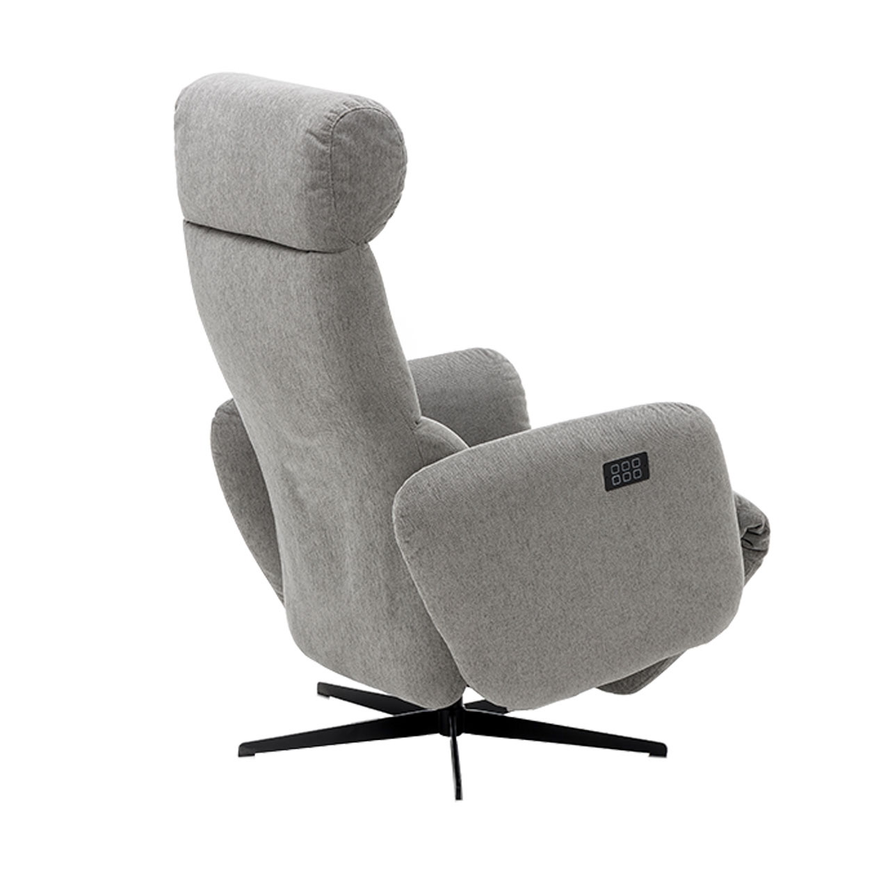 Relaxsessel in grauem Stoff.