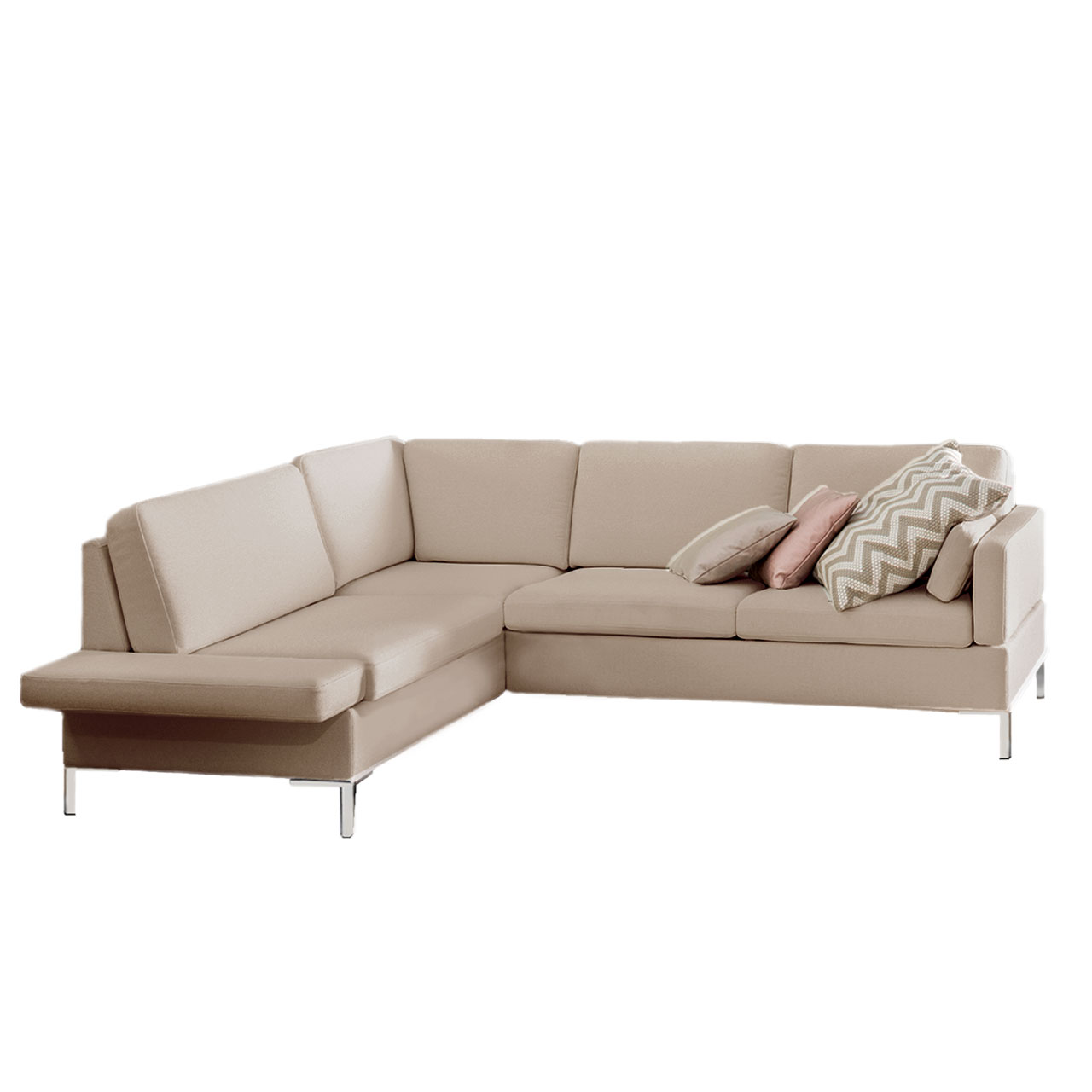 Weiße Eckgarnitur mit Anstellsofa rechts und Eckanbausofa links.