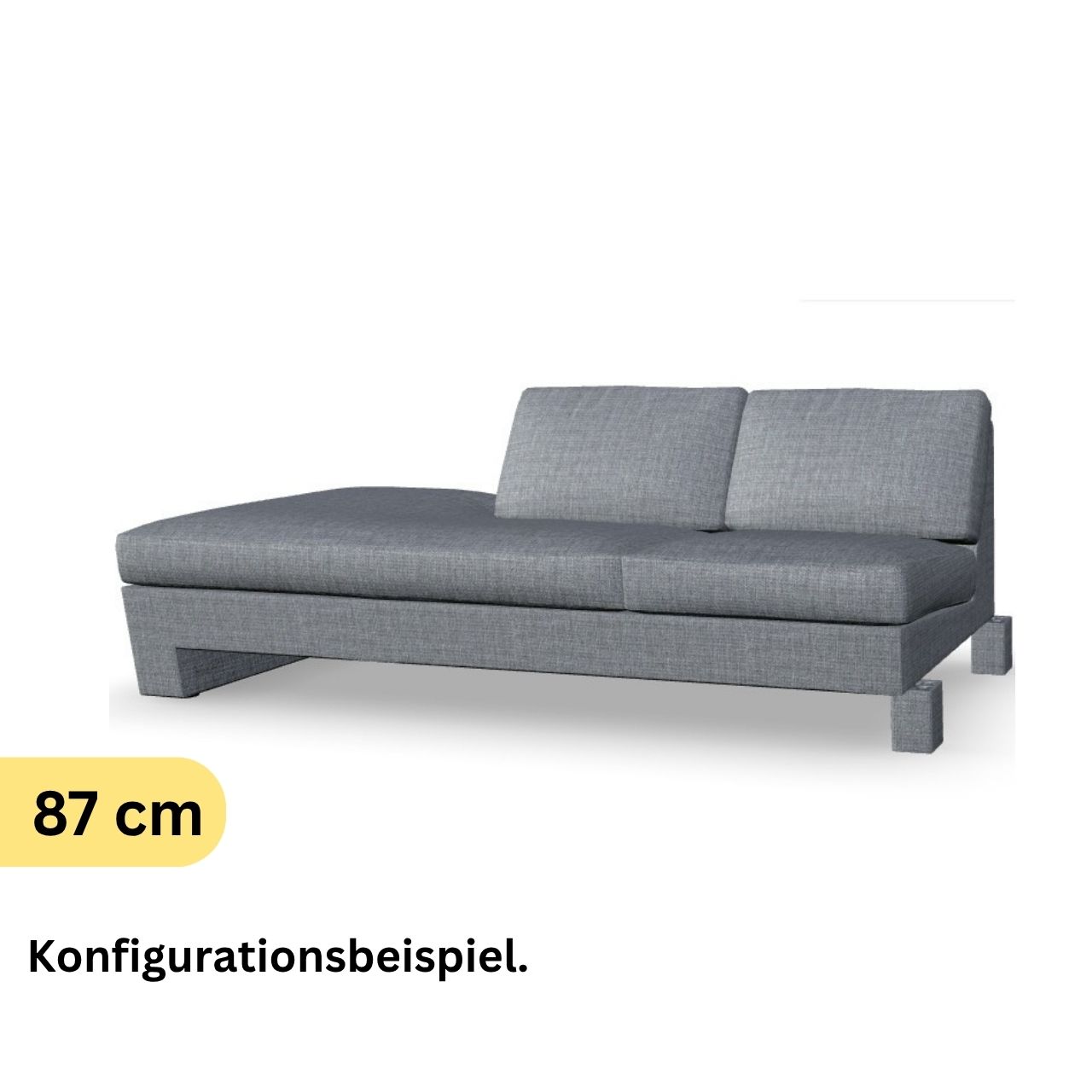 Korpus mit Überstand links und zwei Rückenkissen rechts in grauem Stoff.