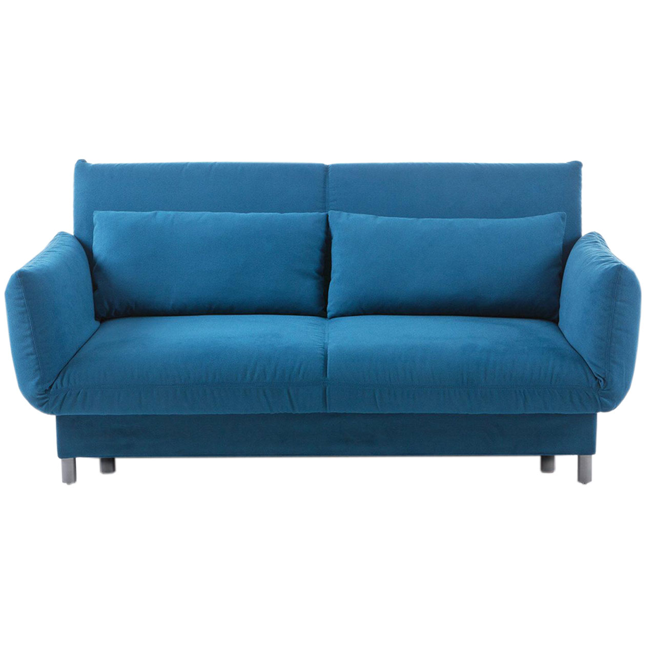 Ein blaues Bettsofa von brühl camp. Die Füße sind chrom glänzend. Auf dem Sofa liegen zwei rechteckige Kissen im gleichen Stoff.