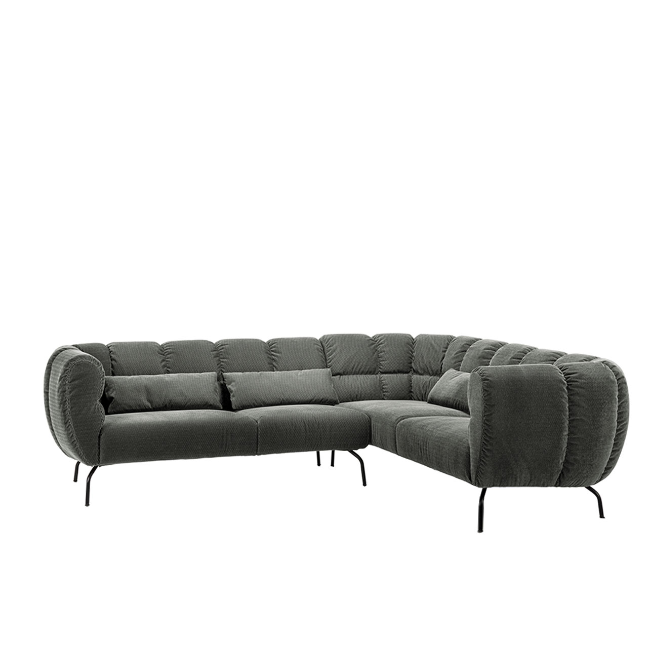 Eckgarnitur der Serie brühl magnolia mit Armlehnen an beiden Seiten. Der Stoff ist graugrün, die Füße schwarz Metall.