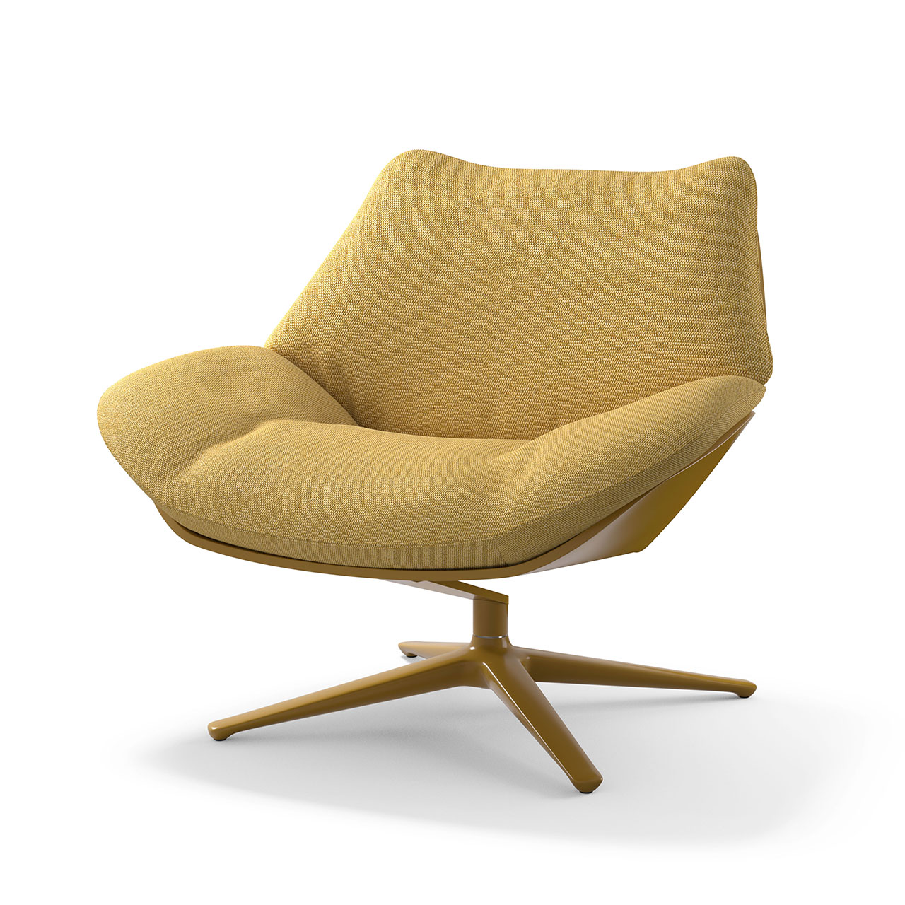 Sessel mit gelbem lockerem Polsterbezug auf Kreuzgestell.