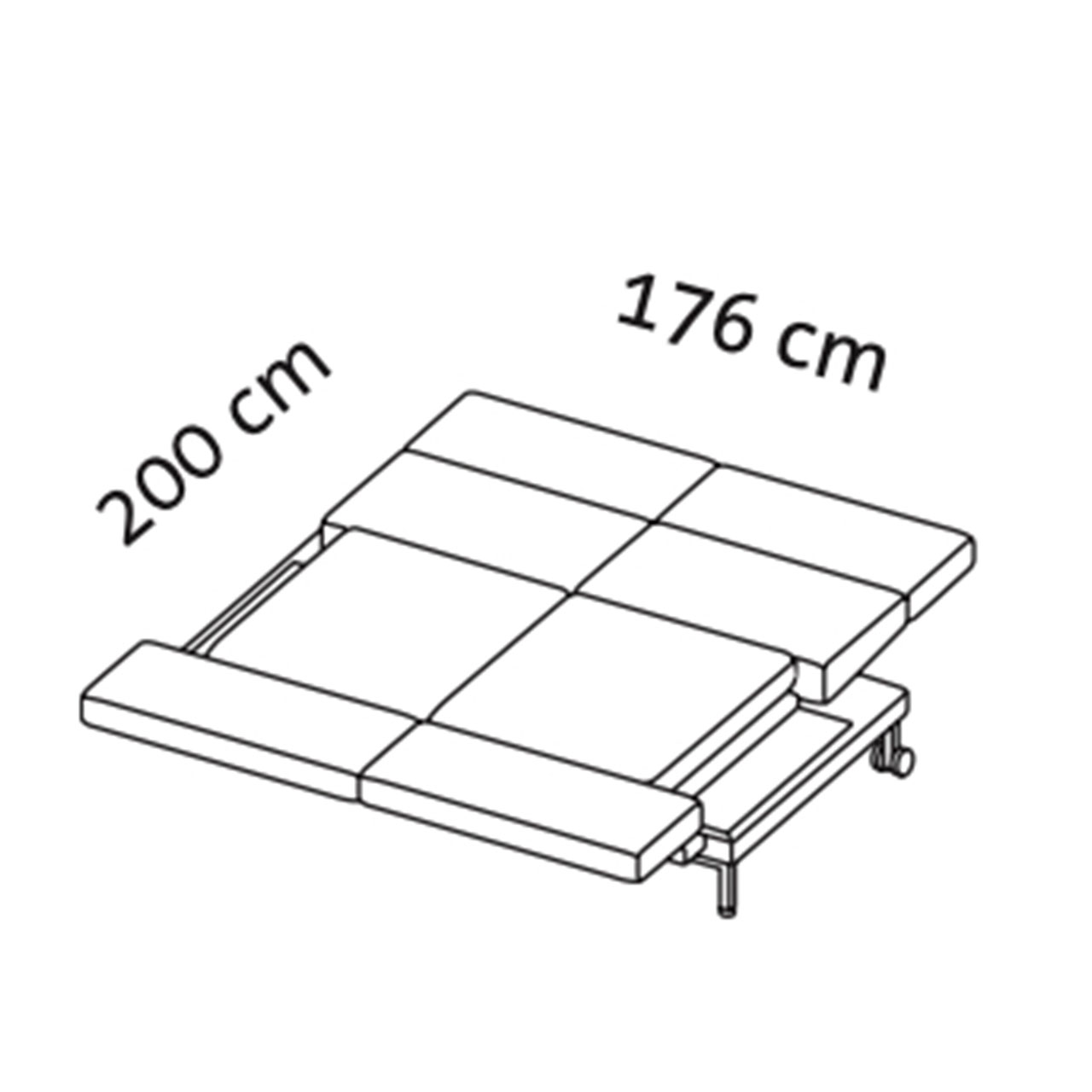 Maßzeichnung für das zur Liegefläche ausgeklappte Bettsofa fold out 72214.