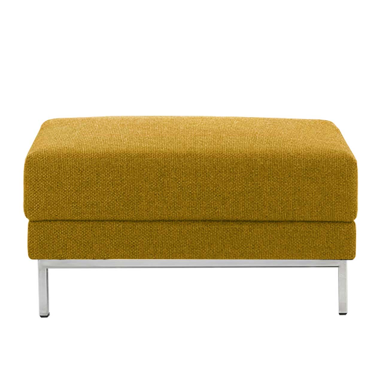 Gelber quadratischer Hocker mit blauem Stoff und Untergestell in chrom glänzend.